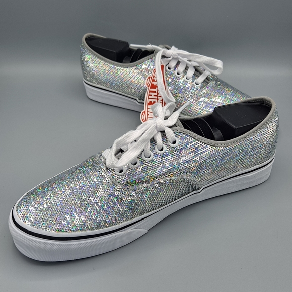 NEW Womens Vans Authentic Micro Sequins Silver True White Sneaker Shoes Size 11 - Picture 2 of 8